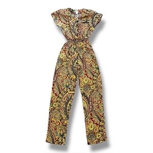 Vintage 1970's Taurus II Paisley Print Jumpsuit Short Sleeve Smocked Waist Sz 4